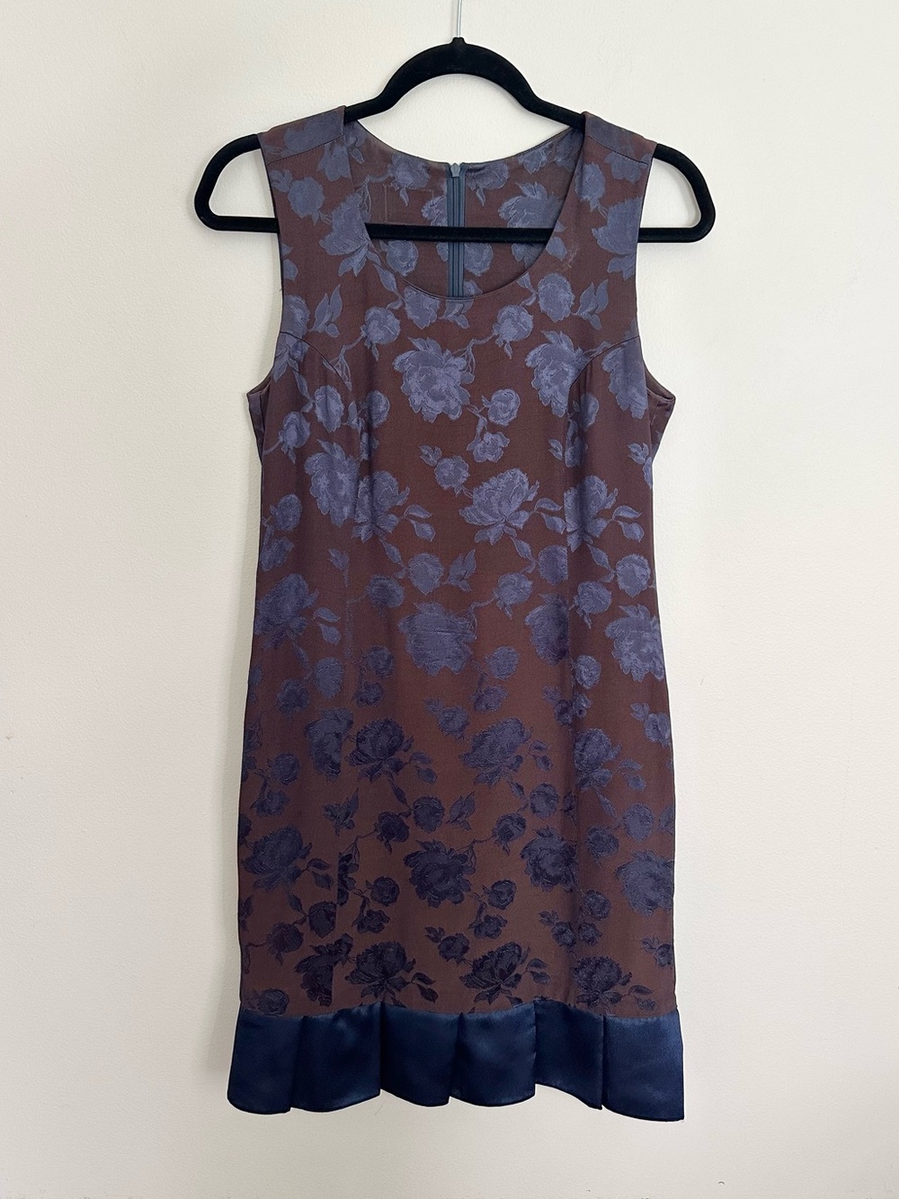 Vintage Y2K Floral Jacquard Shift Dress Brown Blue Satin Hem Medium Whimsigoth